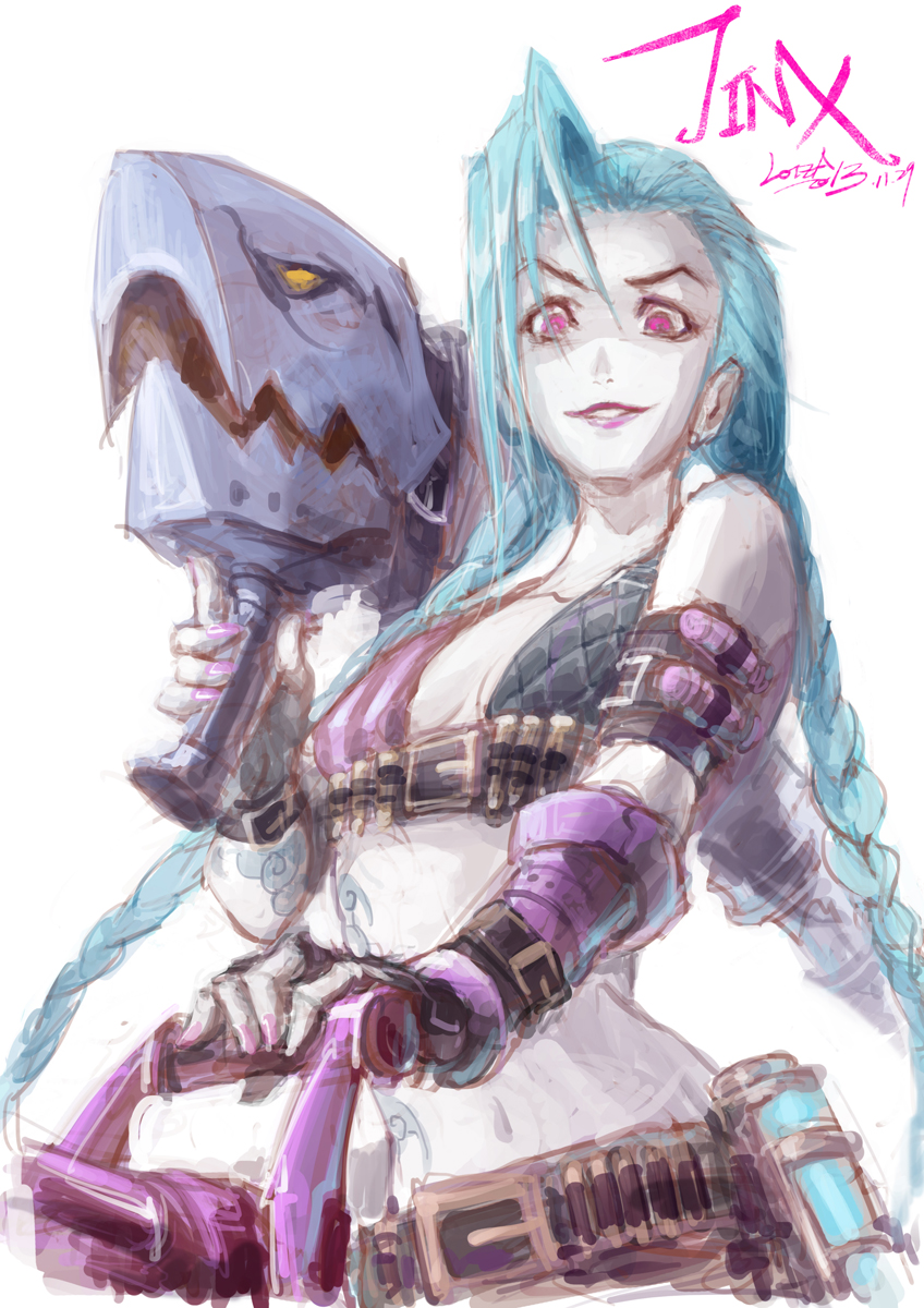1girl, belt, blue_hair, character_name, dated, gun, highres, jinx_(league_of_legends)