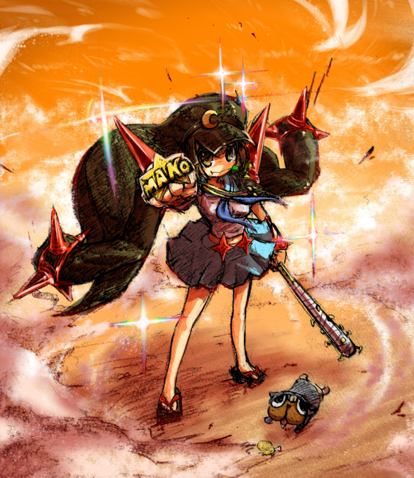 1girl, :t, alternate_costume, brass_knuckles, clenched_hand, dog, fran_(tukihashi), geta, guts_(kill_la_kill), hat, highres, kill_la_kill, mankanshoku_mako, mouth_hold, overcoat, school_uniform, serafuku, solo, spiked_bat, weapon