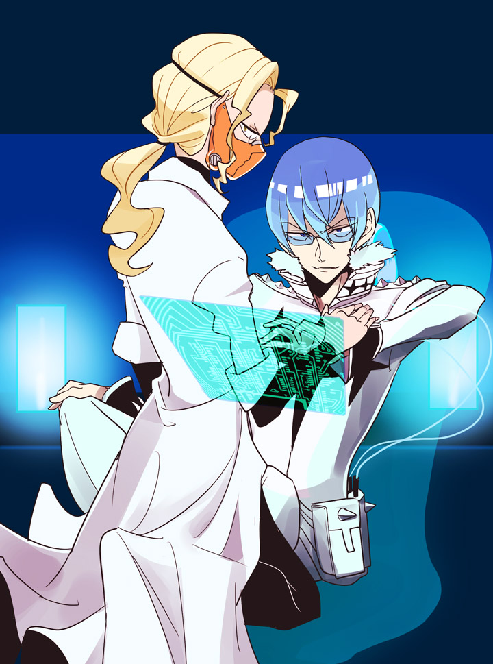 blonde_hair, blue_hair, fuku-ro, glasses, holographic_interface, inumuta_houka, iori_shirou, kill_la_kill