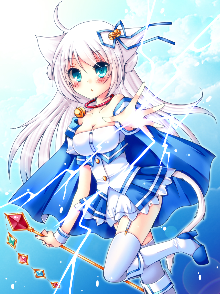 1girl, ahoge, animal_ears, bell, blush, breasts, cat_ears, cat_tail, hair_ribbon, jingle_bell, long_hair, meiya_neon, original, pixiv_fantasia, pixiv_fantasia_new_world, ribbon, rito_(meiya_neon), skirt, solo, tail, thighhighs, very_long_hair, white_legwear