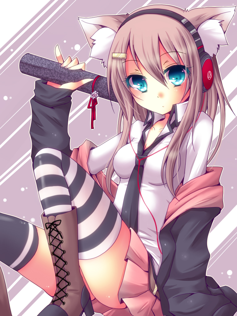 1girl, animal_ears, blue_eyes, boots, borrowed_character, brown_hair, cat_ears, diploma