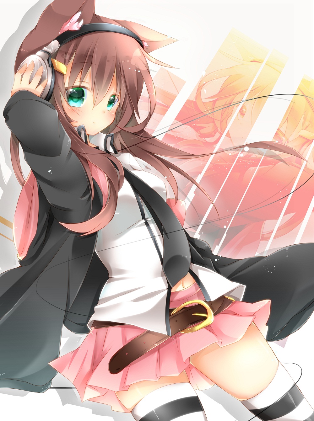 1girl, animal_ears, belt, blush, borrowed_character, brown_hair, cat_ears, headphones