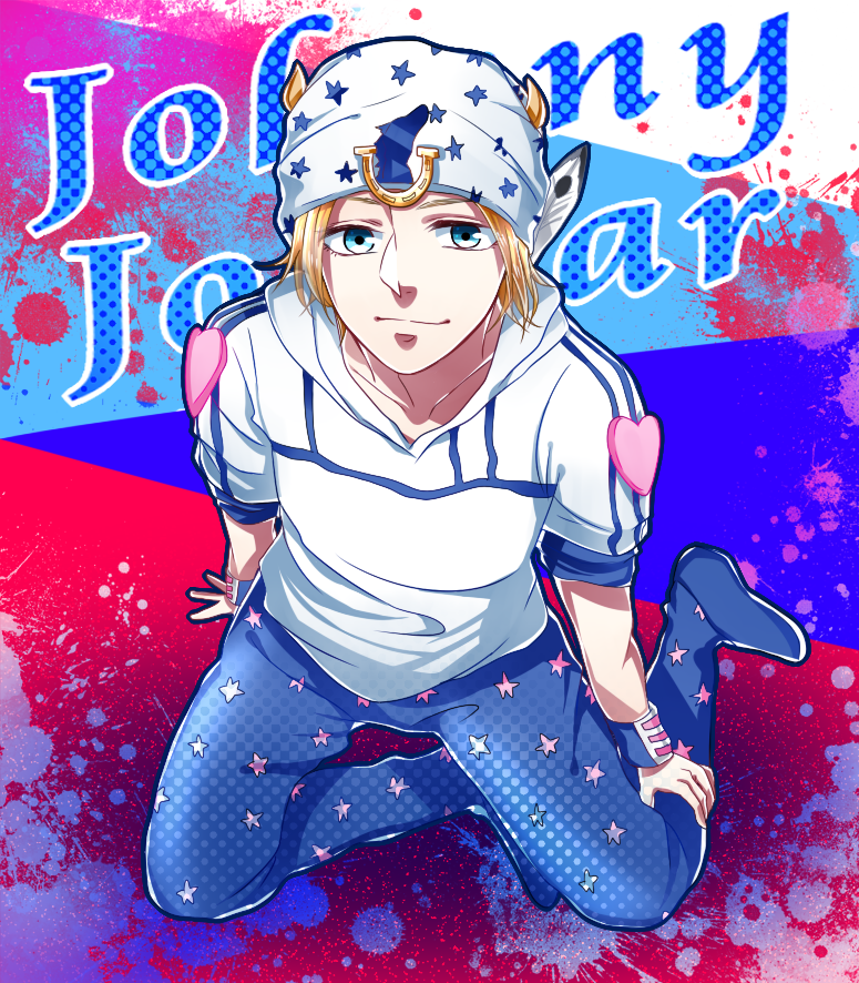 1boy, blonde_hair, blue_eyes, character_name, hat, johnny_joestar, jojo_no_kimyou_na_bouken, solo