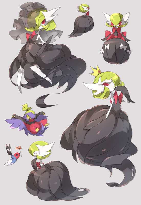 alternate_color, crown, fletchling, gardevoir, green_hair, hawlucha, mega_gardevoir, mega_pokemon