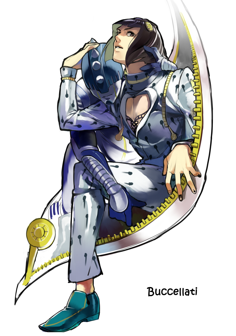 2boys, black_hair, bob_cut, brown_eyes, bruno_bucciarati, hair_ornament, highres, itsuya_(mohumohu0521), jojo_no_kimyou_na_bouken, multiple_boys, stand_(jojo), sticky_fingers_(stand), zipper