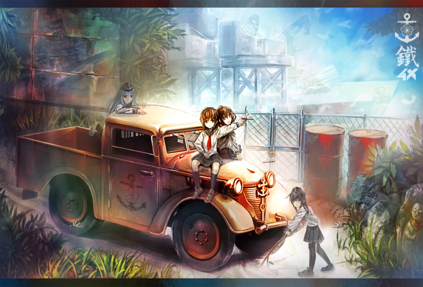 akatsuki_(kantai_collection), barrel, black_legwear, blue_eyes, brown_eyes, brown_hair, hat, hibiki_(kantai_collection)