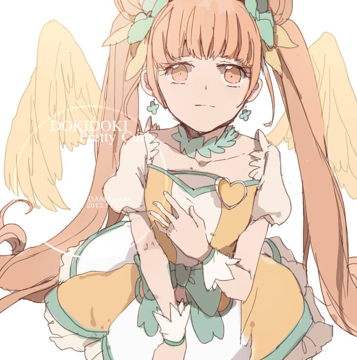 1girl, cure_rosetta, dama, dokidoki!_precure, double_bun, heart, jewelry, long_hair, magical_girl, orange_eyes, orange_hair, precure, ribbon, solo, twintails, yotsuba_alice