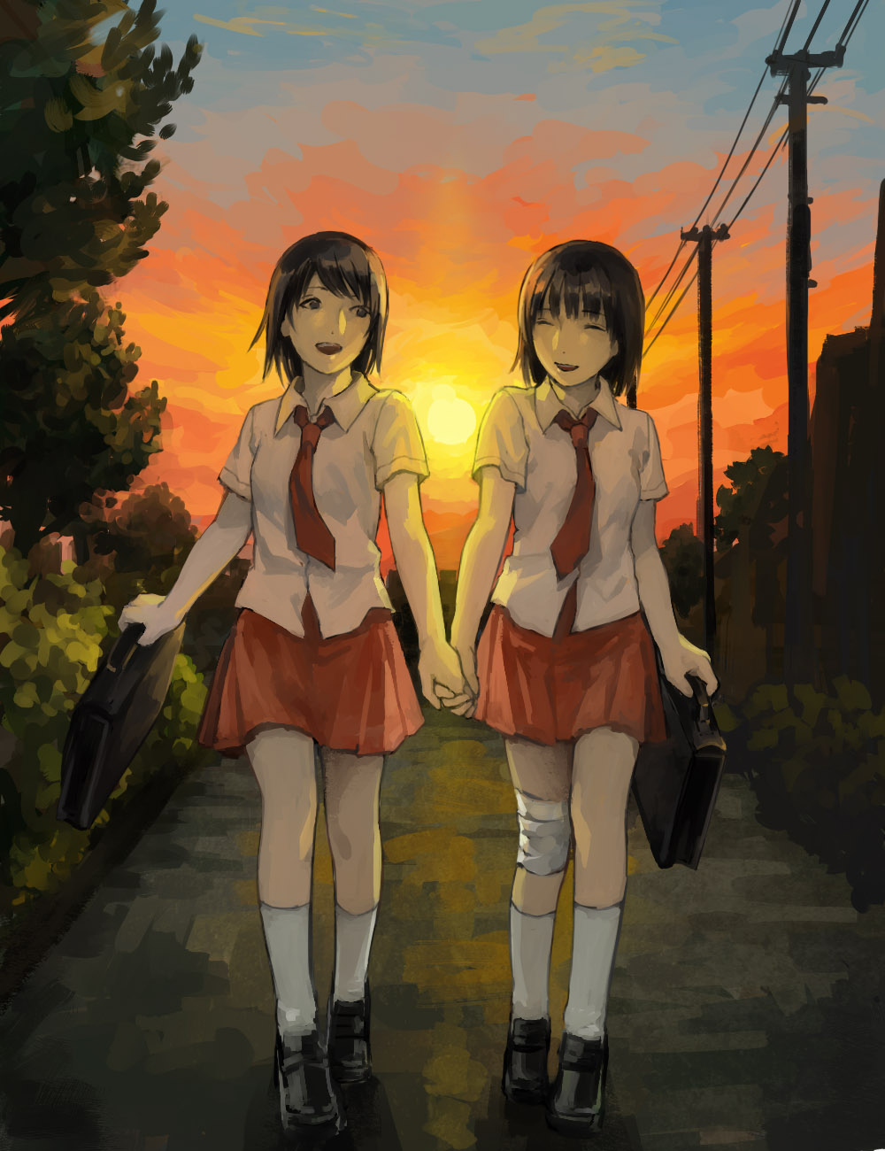 2girls, amakura_mayu, amakura_mio, bag, bandages, blush, brown_eyes, brown_hair