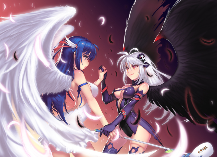 2girls, arin, bare_shoulders, black_gloves, black_legwear, black_wings, blue_eyes, blue_hair