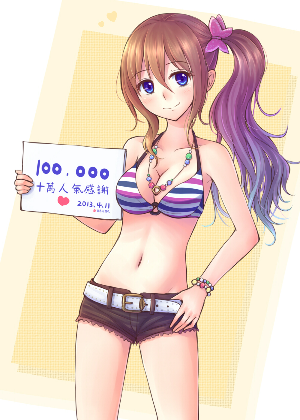 1girl, belt, bikini, bikini_top, blue_eyes, bracelet, breasts, brown_hair