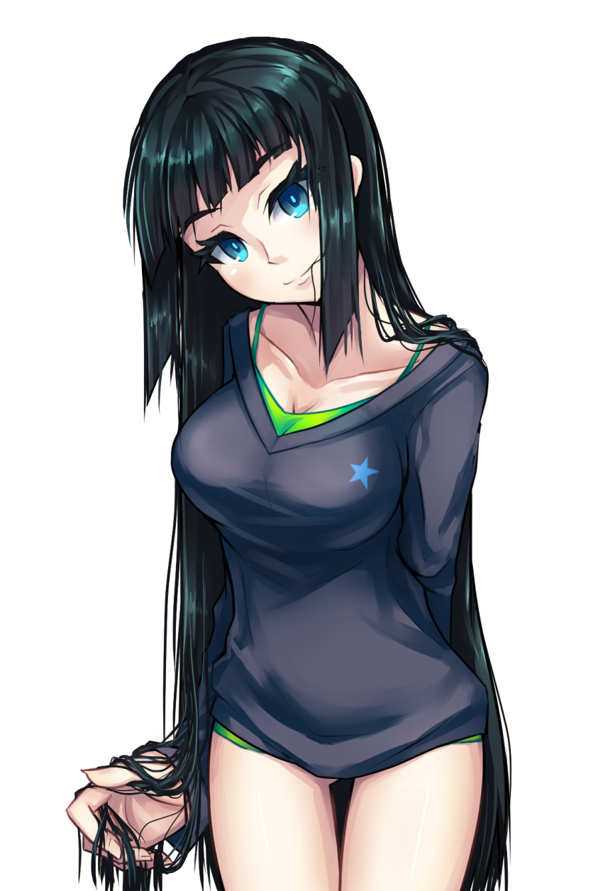 1girl, bangs, black_hair, blue_eyes, blunt_bangs, breasts, head_tilt, highres