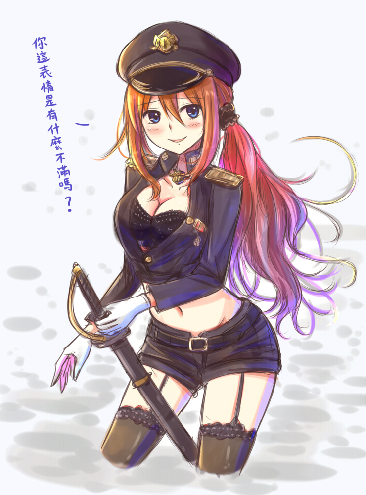 1girl, belt, blue_eyes, blush, bra, breasts, brown_hair, cleavage