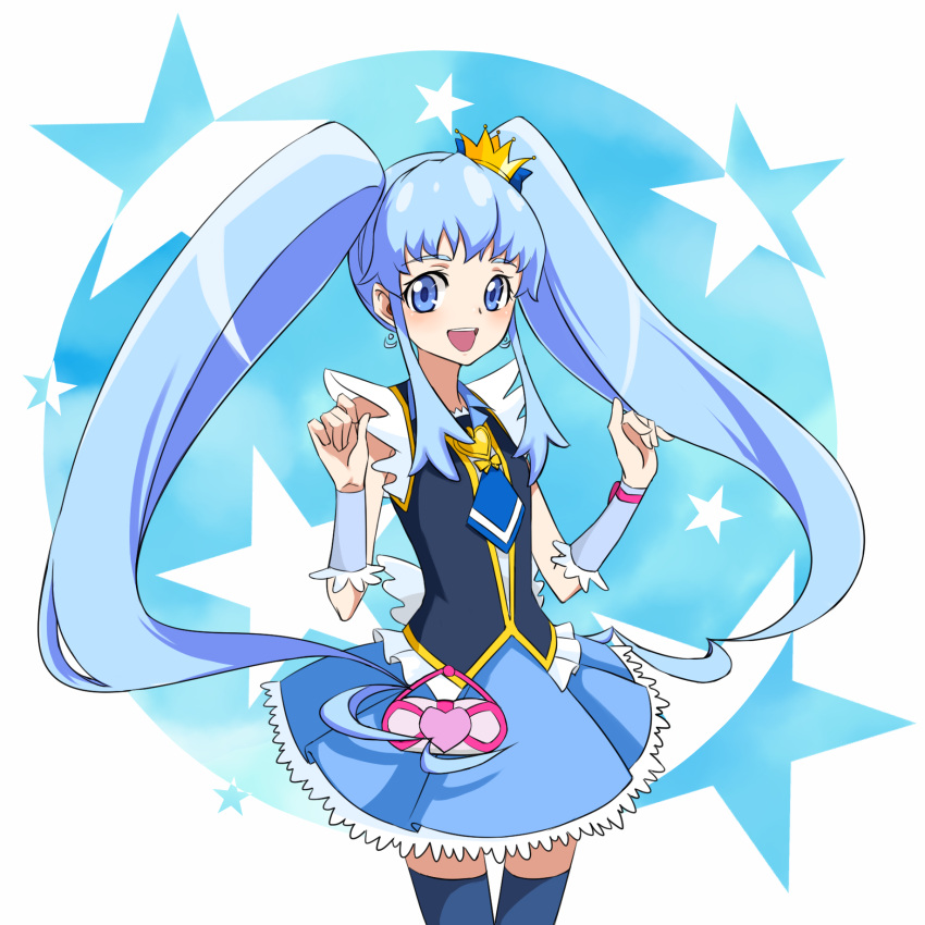 1girl, blue_dress, blue_eyes, blue_hair, blue_legwear, bow, brooch, cure_princess, dress, frills, hair_bow, happinesscharge_precure!, highres, jewelry, long_hair, magical_girl, mini_crown, necktie, precure, skirt, smile, solo, thighhighs, twintails, wrist_cuffs, zenryaku