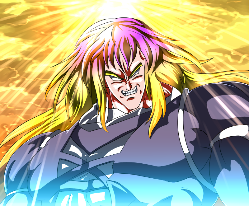 1girl, artist_request, broly_(cosplay), clouds, dragon_ball, dragon_ball_z, gradient_hair, hijiri_byakuren, long_hair, long_sleeves, looking_at_viewer, multicolored_hair, muscle, purple_hair, shining, solo, tagme, touhou