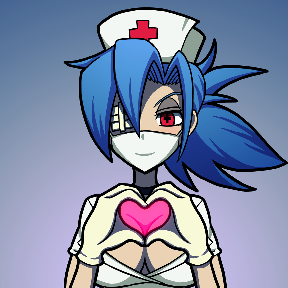 +_+, 1girl, blue_hair, breasts, choker, cleavage, eyepatch, face_mask
