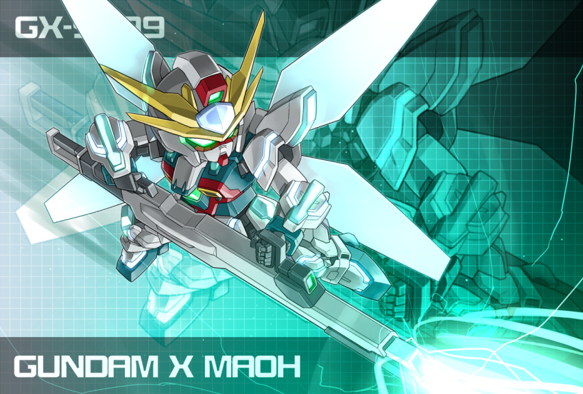 beam_cannon, character_name, chibi, energy_beam, energy_gun, firing, glowing, gundam, gundam_build_fighters, gundam_x_maoh, mecha, memento_vivi, no_humans, solo, weapon, zoom_layer