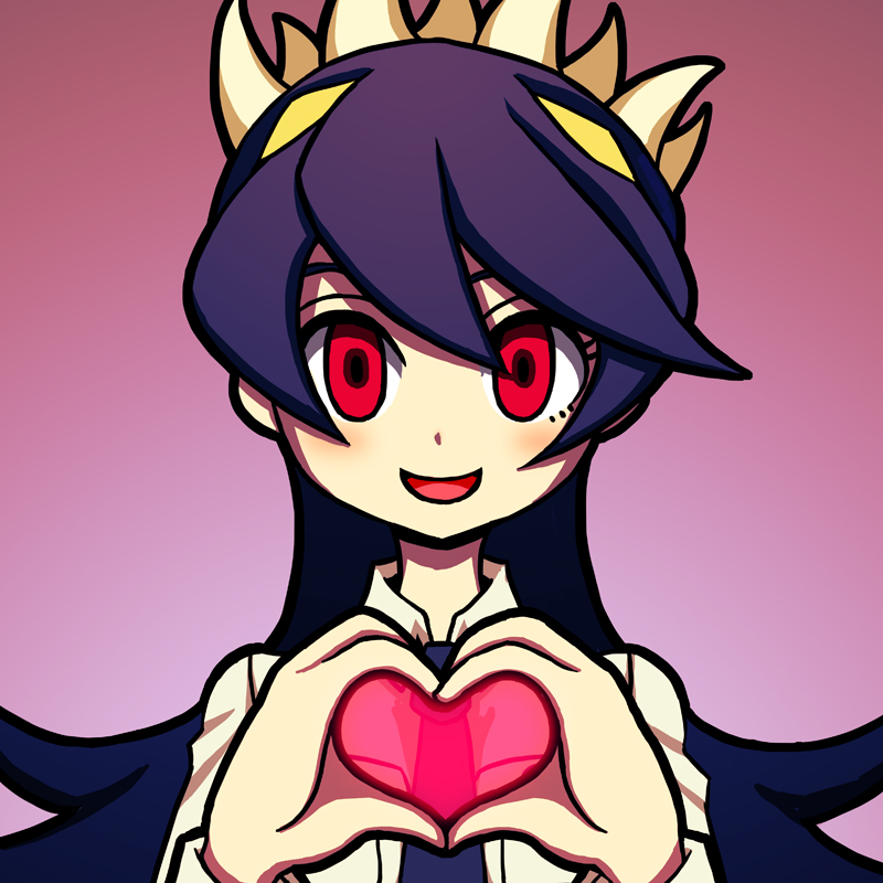 1girl, blush, fangs, filia_(skullgirls), heart, heart_hands, long_hair, looking_at_viewer