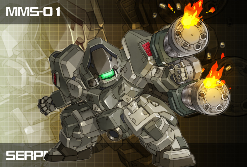 character_name, chibi, clenched_hand, firing, gatling_gun, gun, gundam_wing_endless_waltz, looking_at_viewer, mecha, memento_vivi, motion_blur, no_humans, serpent_(mobile_suit), shell_casing, solo, weapon, zoom_layer