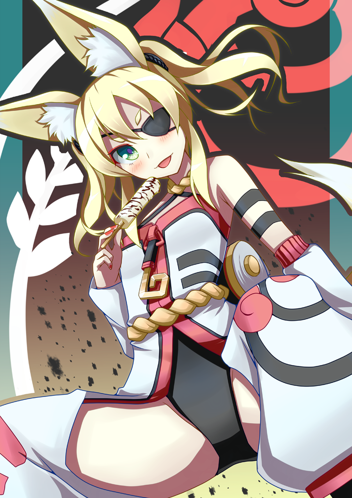 1girl, akiyasu, animal_ears, blonde_hair, blush, eyepatch, fox_ears, fox_tail