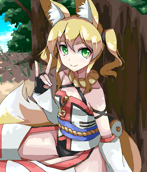 1girl, akiyasu, animal_ears, blonde_hair, fox_ears, fox_shadow_puppet, fox_tail, green_eyes