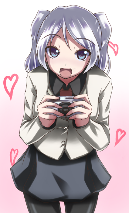 1girl, akiyasu, blue_eyes, blush, camera, candy_boy, heart, kamiyama_sakuya