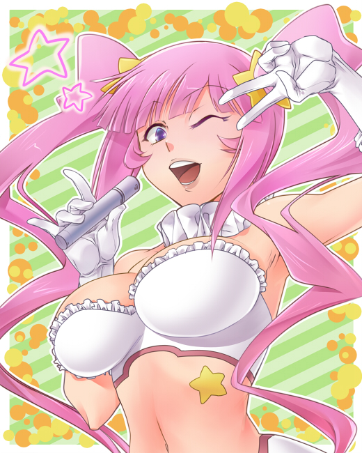 armpits, bare_shoulders, blue_eyes, breasts, choker, crop_top, frills, gloves