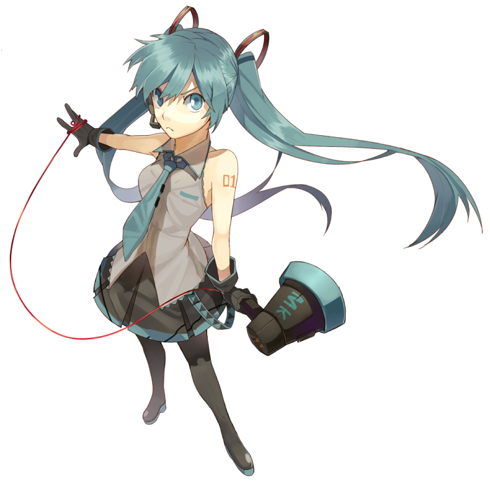 1girl, aqua_eyes, aqua_hair, boots, cats_brain, frown, gloves, hatsune_miku, headset, koi_wa_sensou_(vocaloid), long_hair, megaphone, necktie, simple_background, skirt, solo, thigh_boots, thighhighs, twintails, very_long_hair, vocaloid, white_background