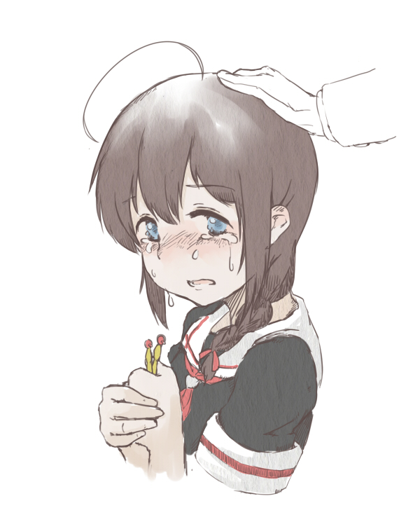 1girl, black_hair, blue_eyes, braid, crying, crying_with_eyes_open, kantai_collection, long_hair, nemubusoku, patting_head, personification, school_uniform, serafuku, shigure_(kantai_collection), single_braid, solo_focus, tears