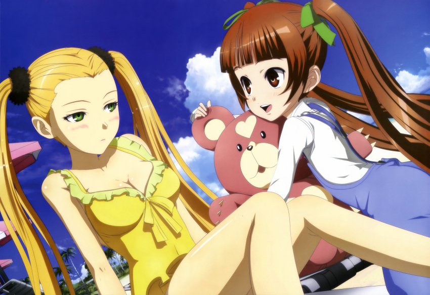 2girls, absurdres, aoki_hagane_no_arpeggio, bikini, blush, breasts, brown_eyes, brown_hair