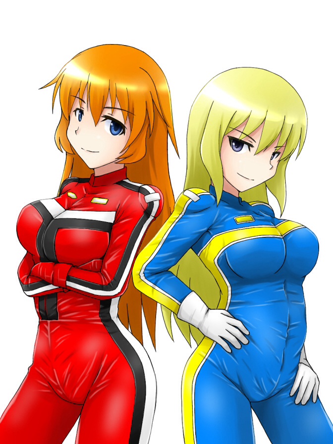 2girls, alternate_costume, breasts, charlotte_e_yeager, cosplay, crossed_arms, gloves, hands_on_hips