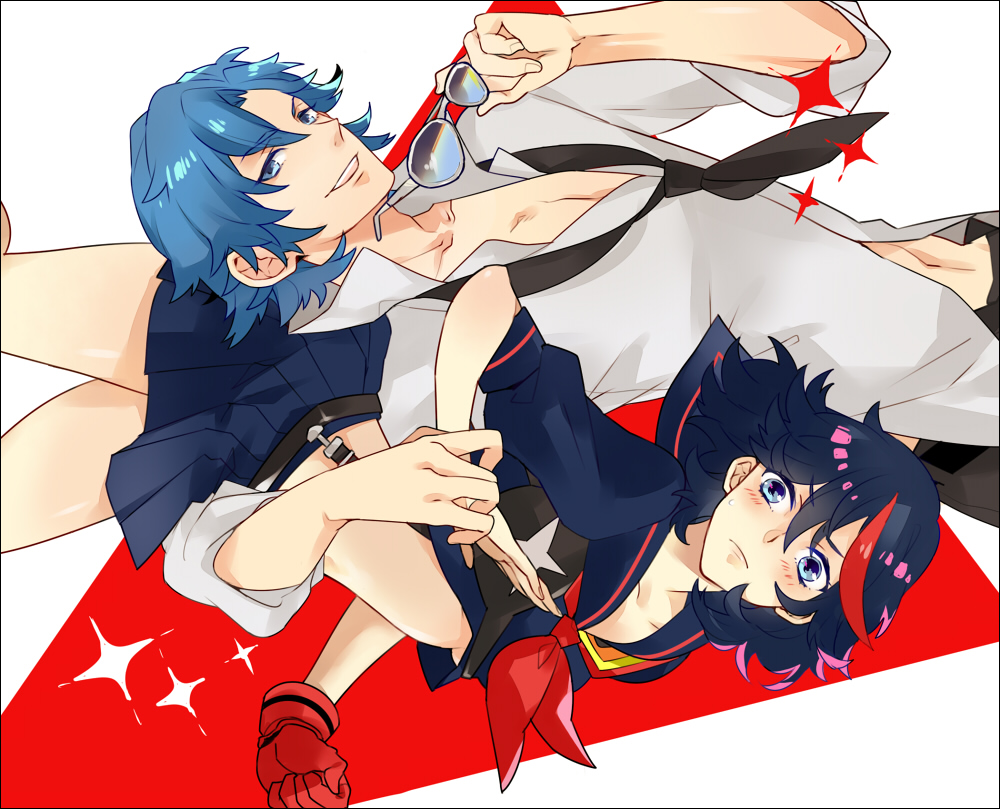 1boy, 1girl, arm_around_waist, black_hair, blue_eyes, blue_hair, blush, gaw_(enasa)