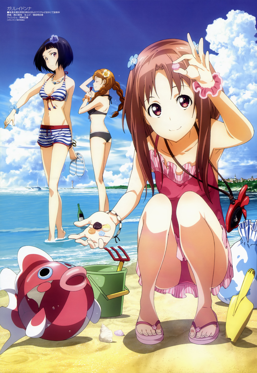 3girls, absurdres, beach, bikini, black_hair, braid, breasts, brown_hair