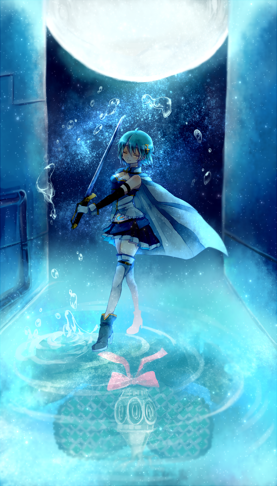 1girl, blue_hair, closed_eyes, highres, mahou_shoujo_madoka_magica, miki_sayaka, moon, oktavia_von_seckendorff