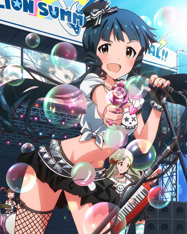 3girls, artist_request, belt, blue_hair, blush, bubble, crop_top, drum