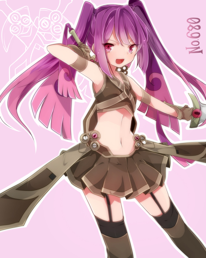 1girl, doublade, gloves, highres, midriff, multicolored_hair, navel, personification, pink_eyes, pink_hair, pokemon, pokemon_(game), pokemon_xy, purple_hair, skirt, solo, sword, takeshima_(nia), thighhighs, twintails, two-tone_hair, weapon