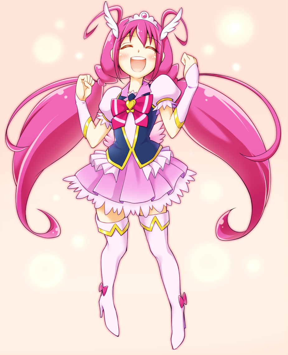 1girl, ^_^, arakawa_tarou, blush, boots, closed_eyes, cosplay, cure_happy
