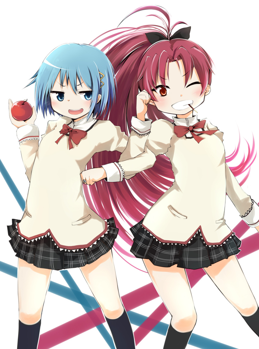 2girls, absurdres, blue_eyes, blue_hair, blush, bow, damenano104, hair_bow