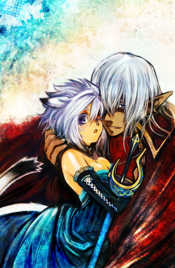 cat_ears, cat_tail, choker, cloak, doraeshi, elbow_gloves, elf, elvaan, final_fantasy, final_fantasy_xi, gloves, laces, lacing, mithra, pointy_ears, purple_eyes, strapless, sword, tail, violet_eyes, weapon, white_hair