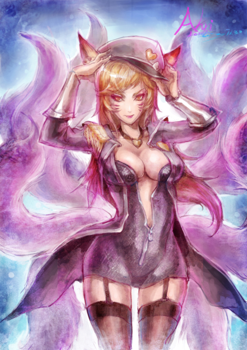 1girl, ahri, alternate_costume, animal_ears, blonde_hair, breasts, fox_ears, fox_tail