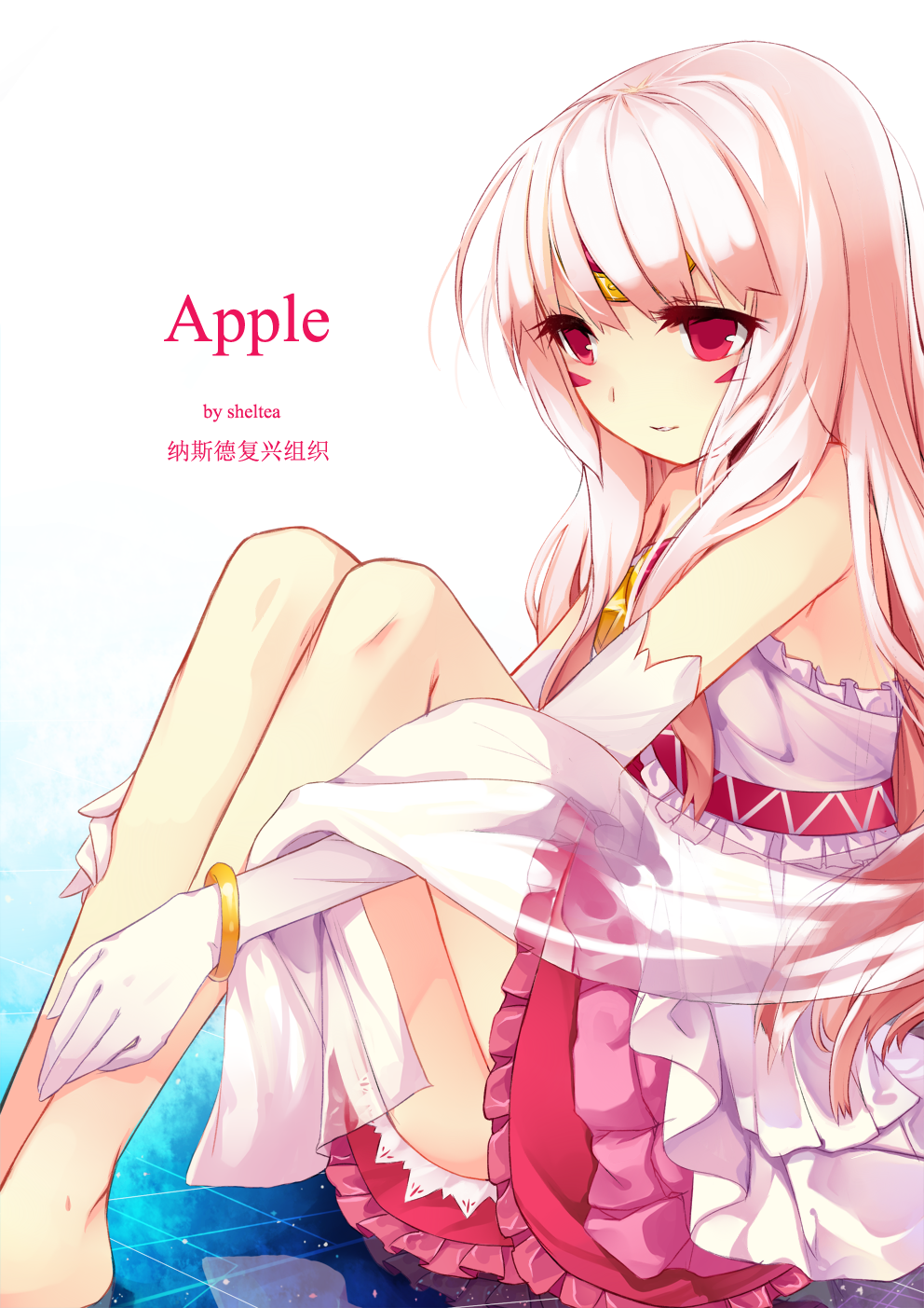 1girl, albino, apple_(elsword), artist_name, barefoot, blue_background, character_name, elsword