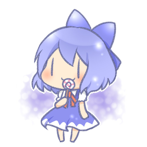 1girl, blue_hair, bow, candy, cirno, dress, kurage_no_ko, lollipop