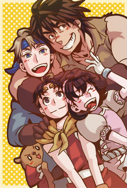 1girl, 3boys, blue_eyes, brown_eyes, brown_hair, closed_eyes, flik, gensou_suikoden