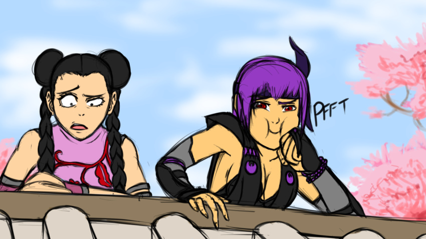 2girls, alternate_costume, ayane, ayane_(doa), black_hair, blue_sky, braid, breasts