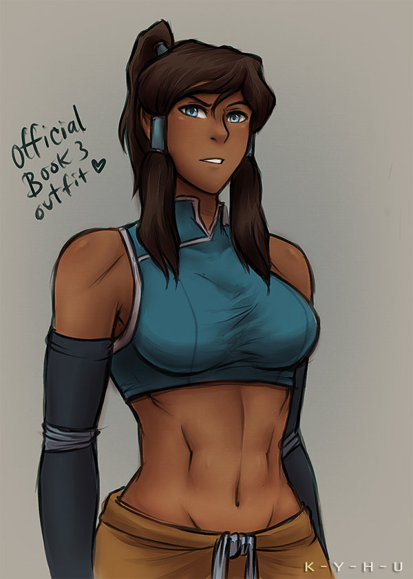 1girl, abs, alternate_costume, avatar_legends, blue_eyes, breasts, brown_hair, crop_top
