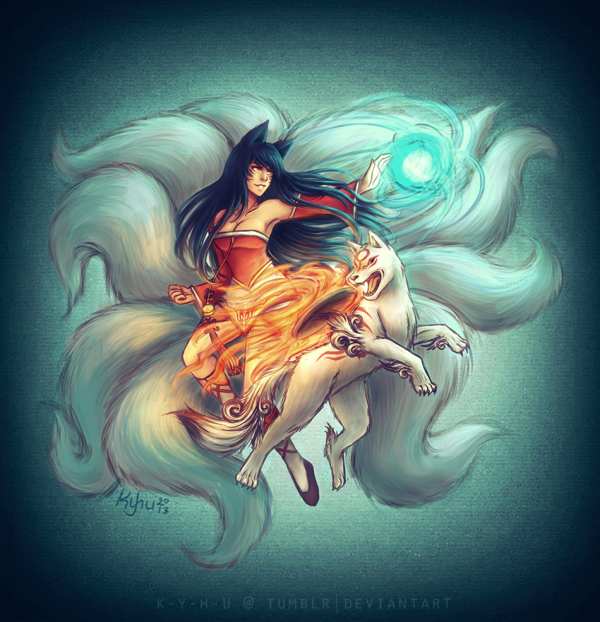 1girl, ahri, amaterasu, animal_ears, bare_shoulders, black_hair, breasts, cleavage