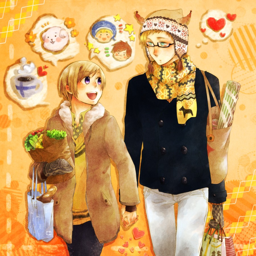 2boys, axis_powers_hetalia, bag, blonde_hair, blue_eyes, coat, dog, finland_(hetalia)