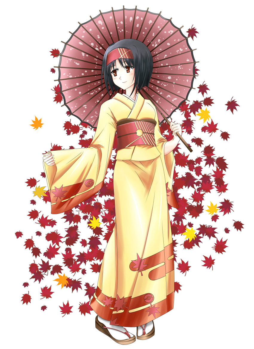 1girl, absurdres, autumn_leaves, black_hair, erika_(pokemon), gym_leader, hairband, headband, highres, japanese_clothes, kimono, long_sleeves, obi, oriental_umbrella, pokemon, pokemon_(game), pokemon_hgss, ria_(devolleyaile), sandals, short_hair, smile, umbrella, wide_sleeves