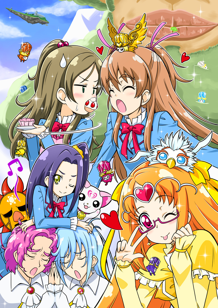 :p, baritone, bassdrum, blue_hair, blush, brown_hair, cat, circlet