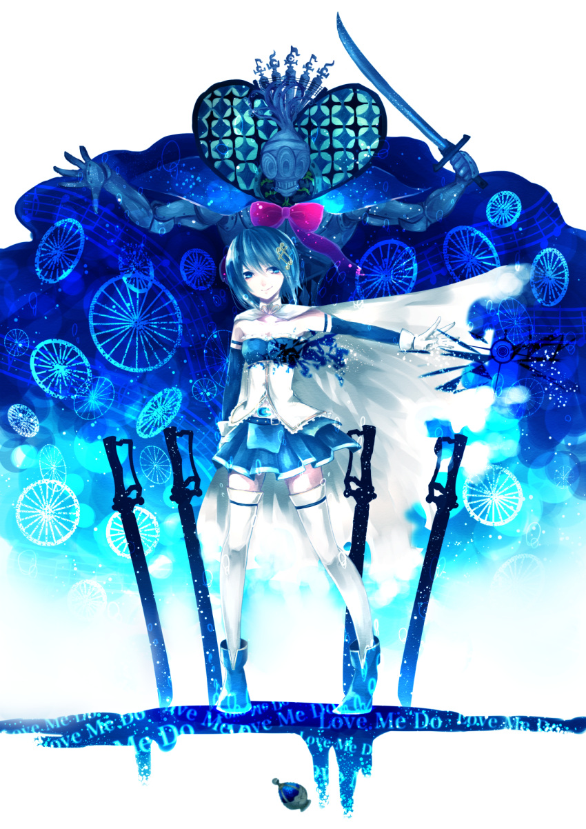 1girl, armor, belt, blue_eyes, blue_hair, cape, gloves, hair_ornament, hairclip, highres, mahou_shoujo_madoka_magica, mahou_shoujo_madoka_magica_movie, miki_sayaka, multiple_swords, nana_colors, oktavia_von_seckendorff, short_hair, smile, soul_gem, spoilers, sword, thighhighs, weapon, wheel, zettai_ryouiki