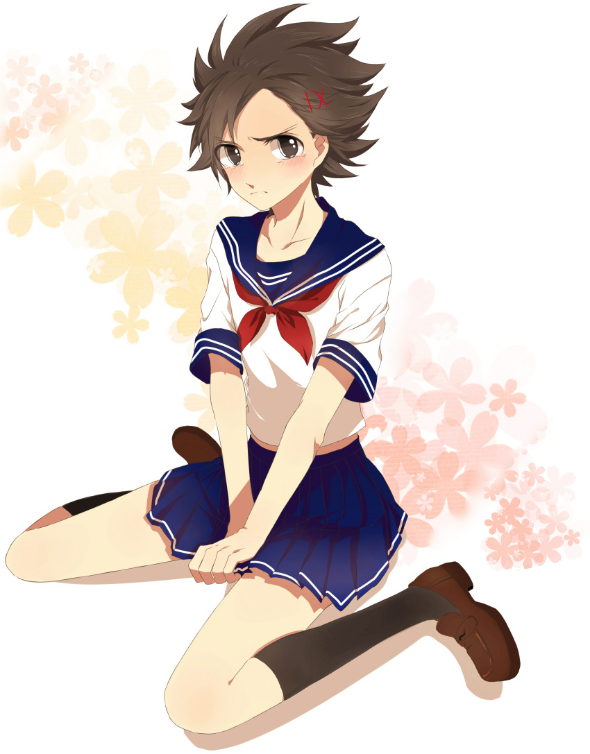 1boy, absurdres, aki_(645451622), blush, brown_eyes, brown_hair, crossdressinging, embarrassed, frown, hair_ornament, highres, inazuma_eleven_(series), inazuma_eleven_go, inazuma_eleven_go_galaxy, male, matatagi_hayato, pleated_skirt, school_uniform, serafuku, sitting, skirt, solo, tears, wariza, white_background